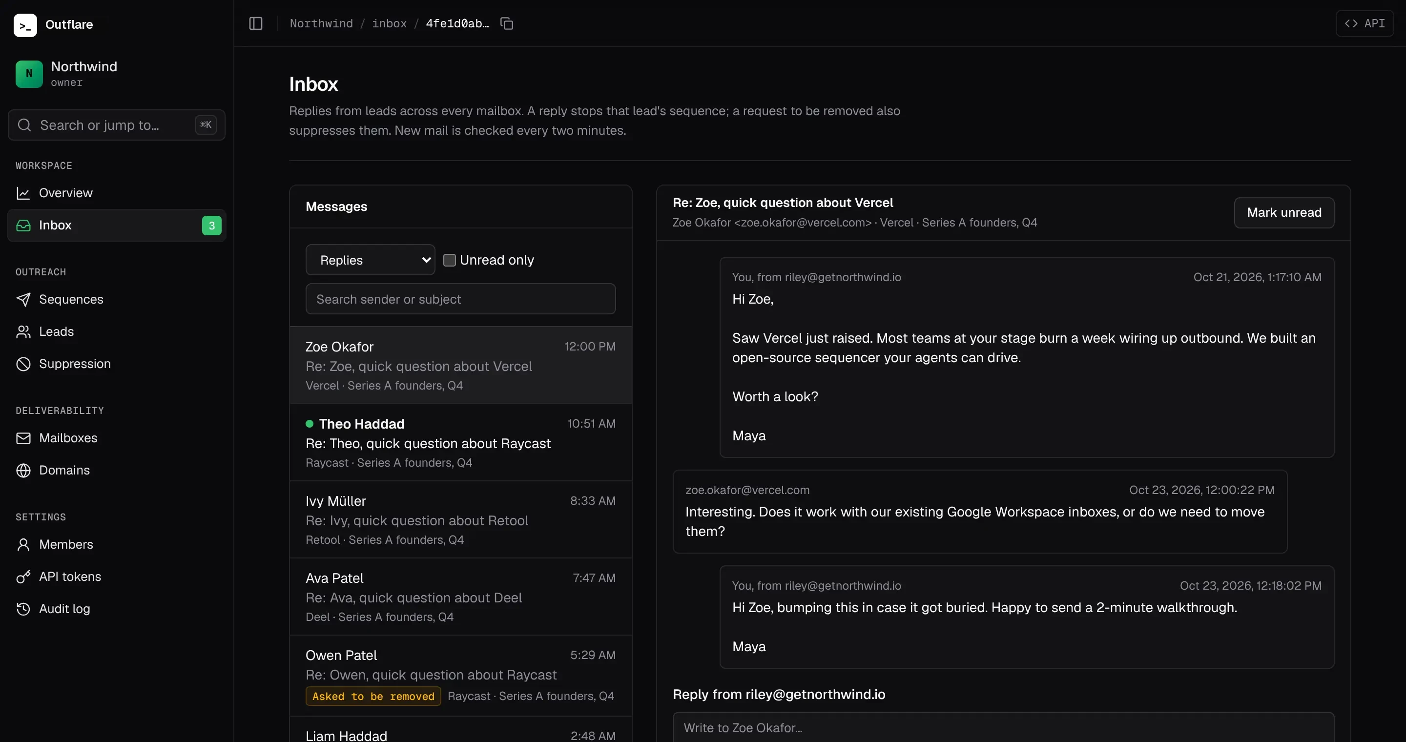 Inbox: replies from every mailbox, with one conversation open and a reply box sending from the same mailbox
