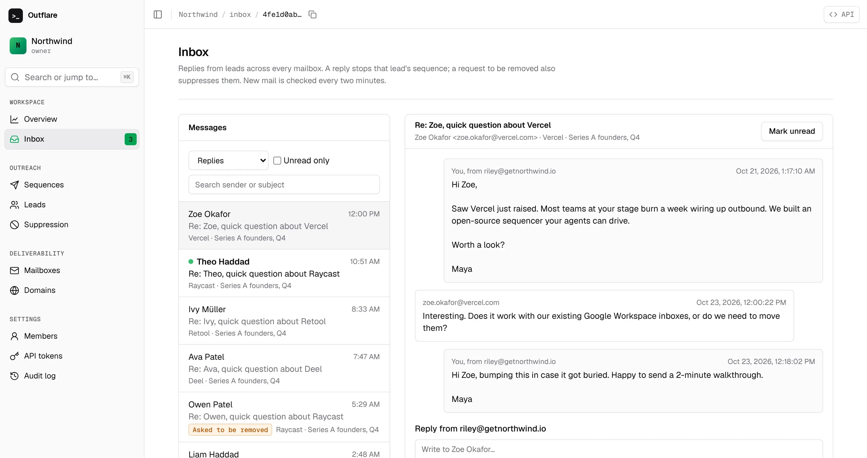 Inbox: replies from every mailbox, with one conversation open and a reply box sending from the same mailbox