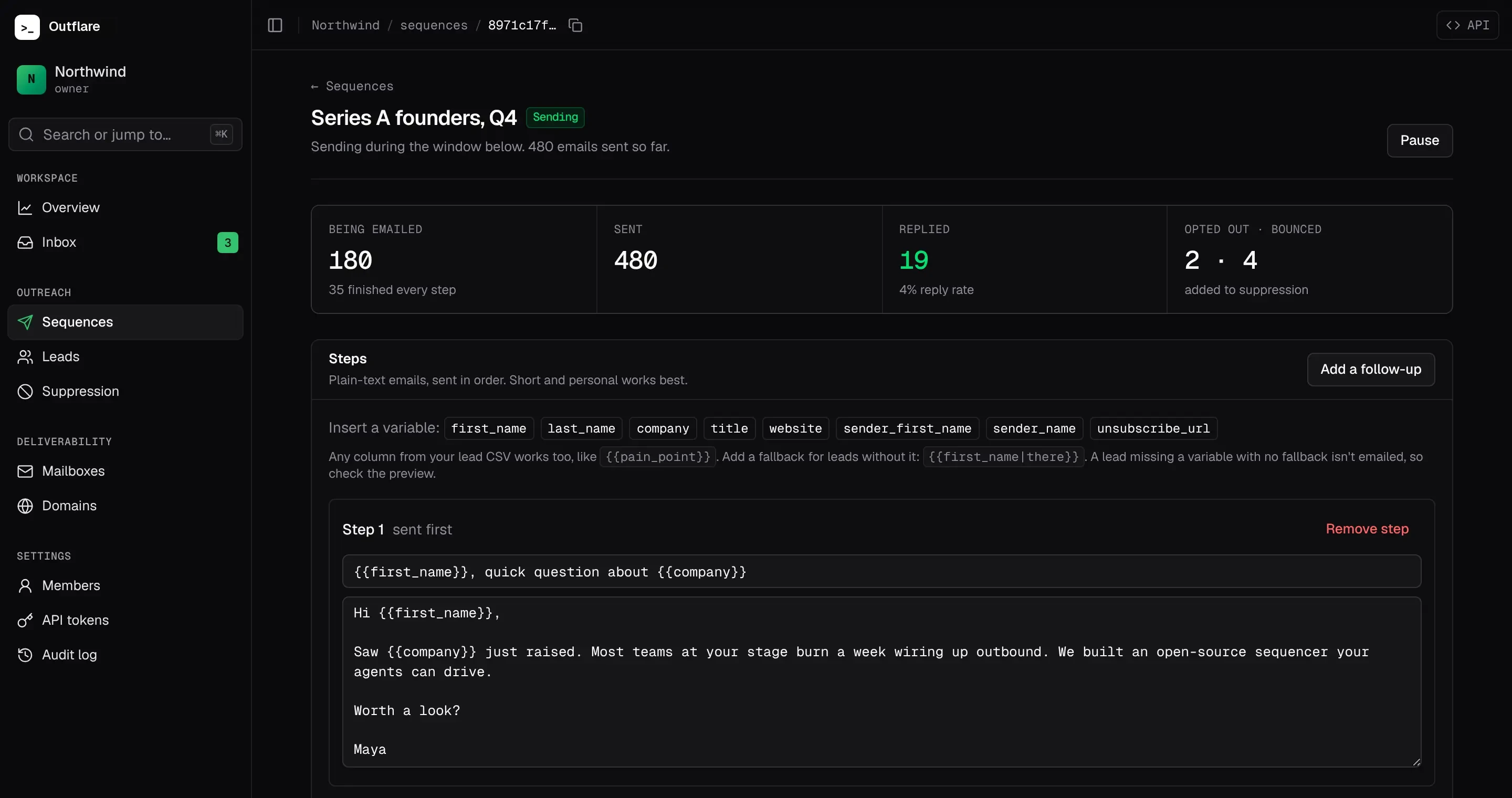 A sequence: leads being emailed, sends, replies and opt-outs, and its steps with template variables
