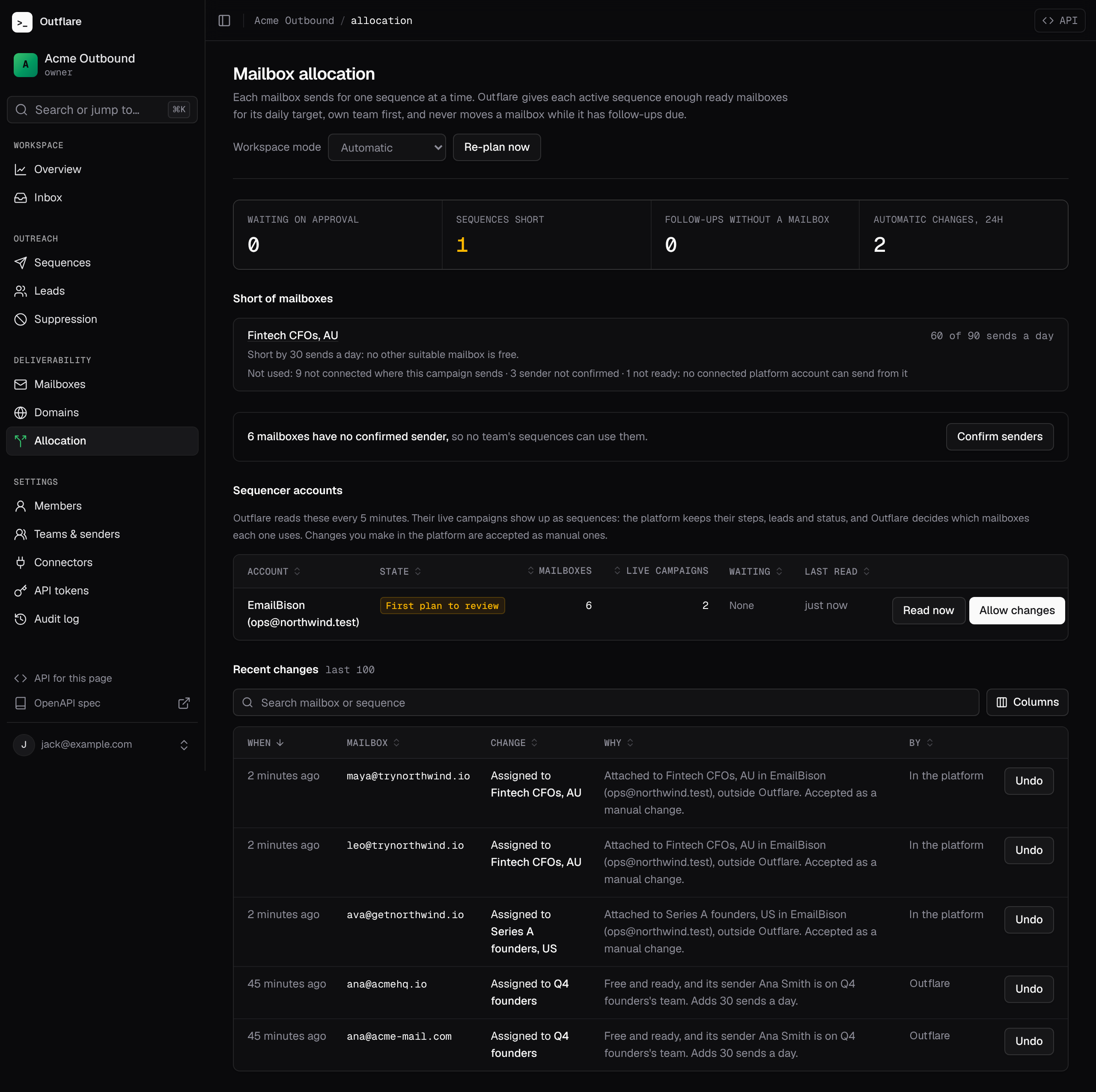 The Allocation page with a connected EmailBison account awaiting its first review