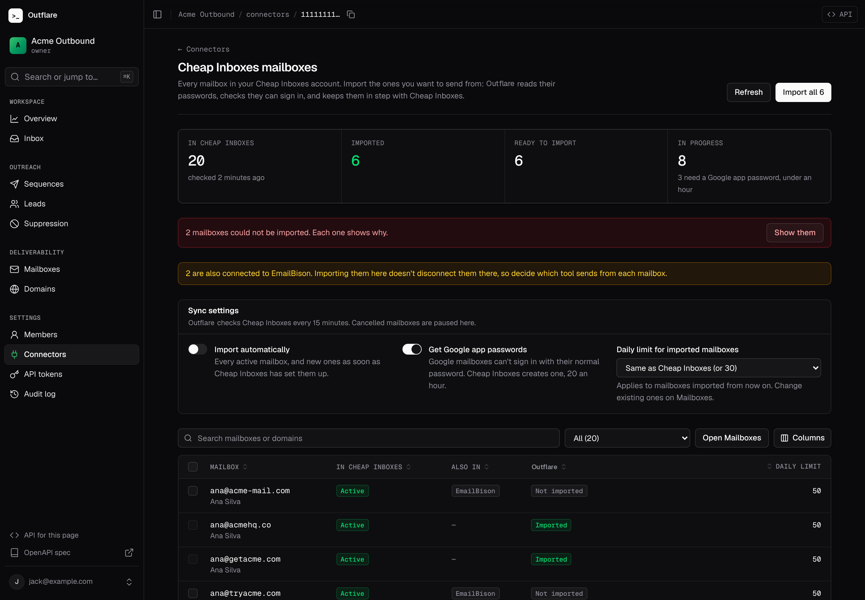 A Cheap Inboxes account in Outflare: how many mailboxes it holds, how many are imported, ready or in progress, sync settings, and each mailbox with its status at Cheap Inboxes and in Outflare