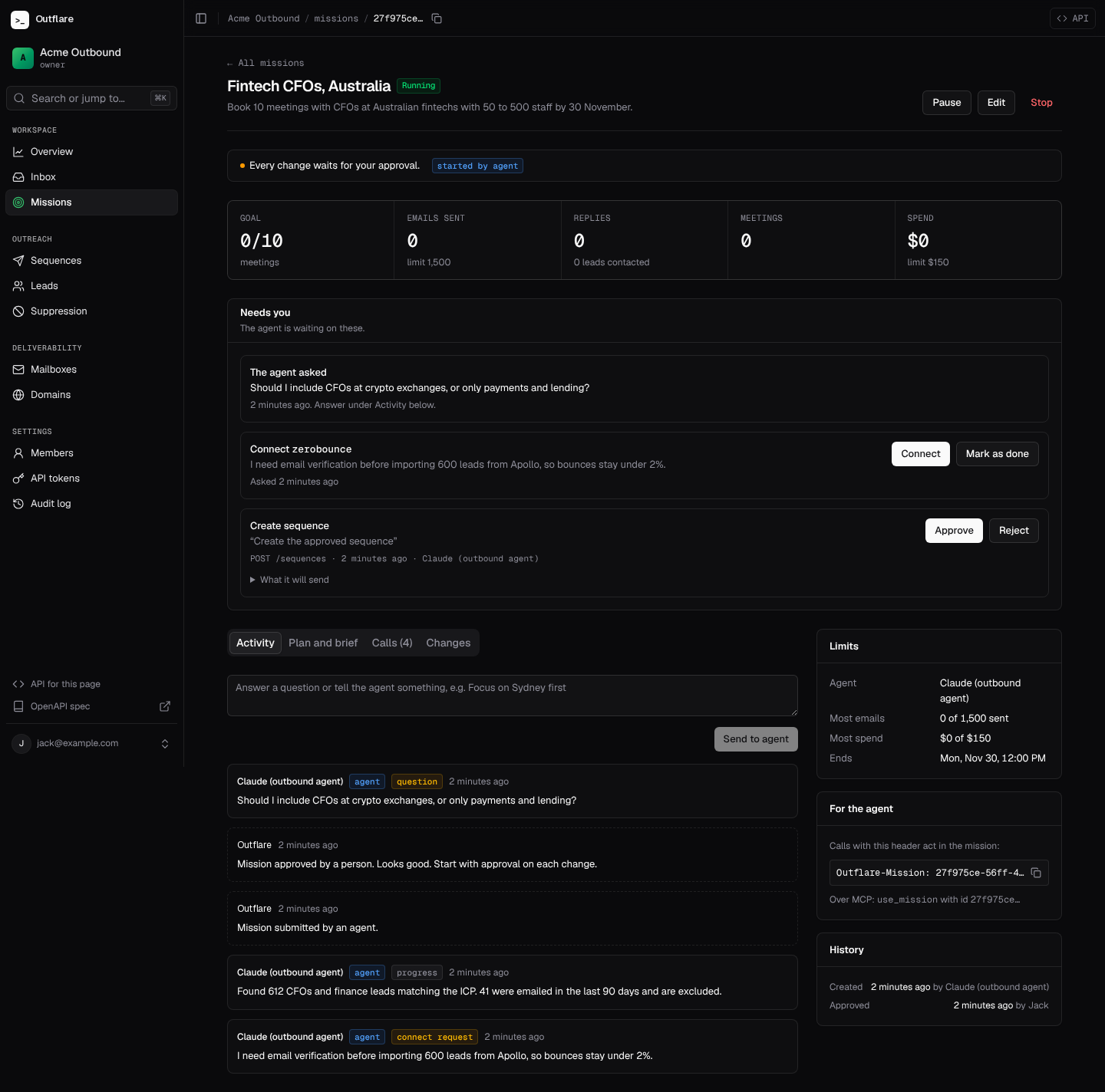 A running mission: a question from the agent, a connect request and a held change waiting for approval