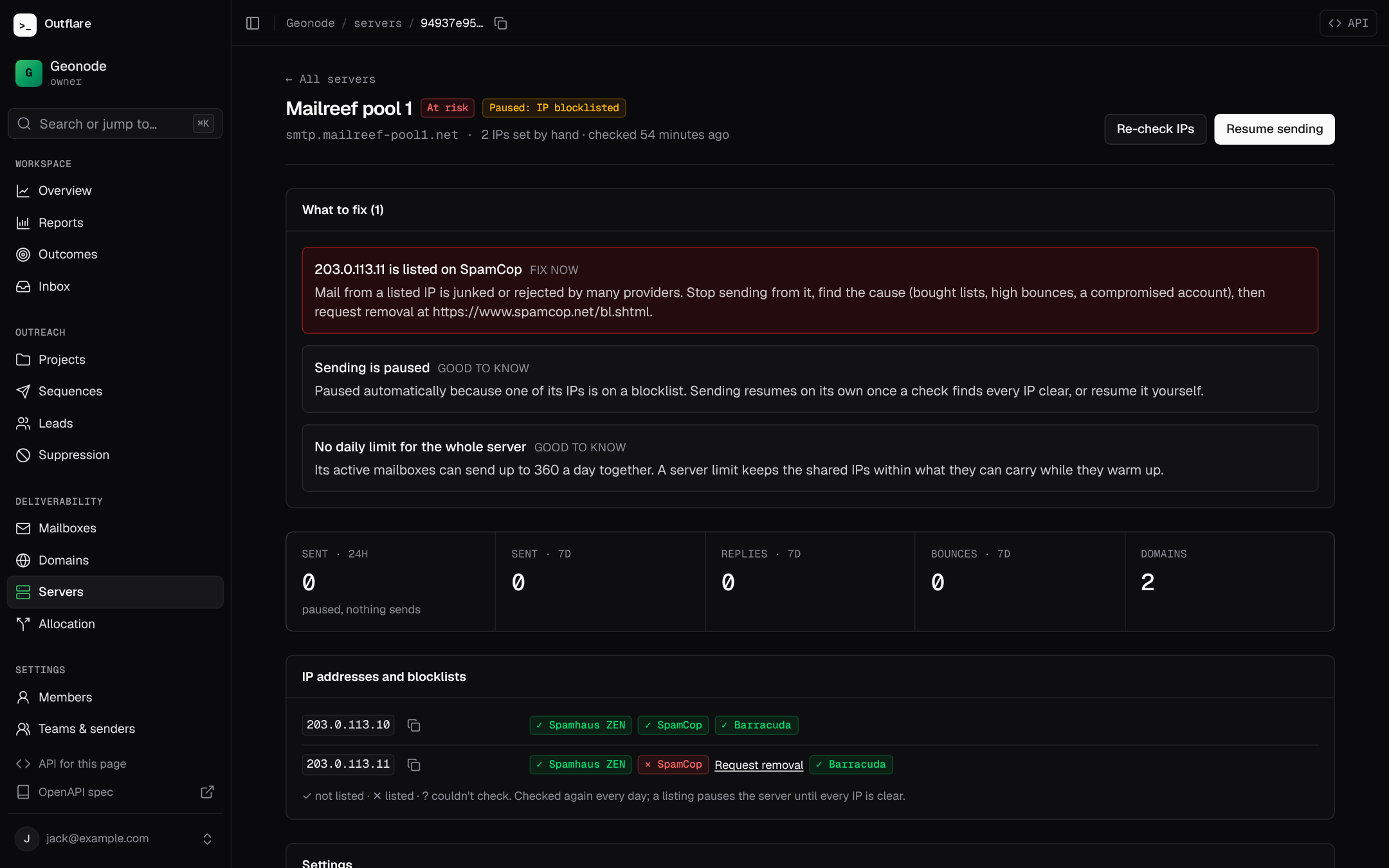 One server: a listed IP that paused it automatically, what to fix, and each IP’s result on Spamhaus ZEN, SpamCop and Barracuda